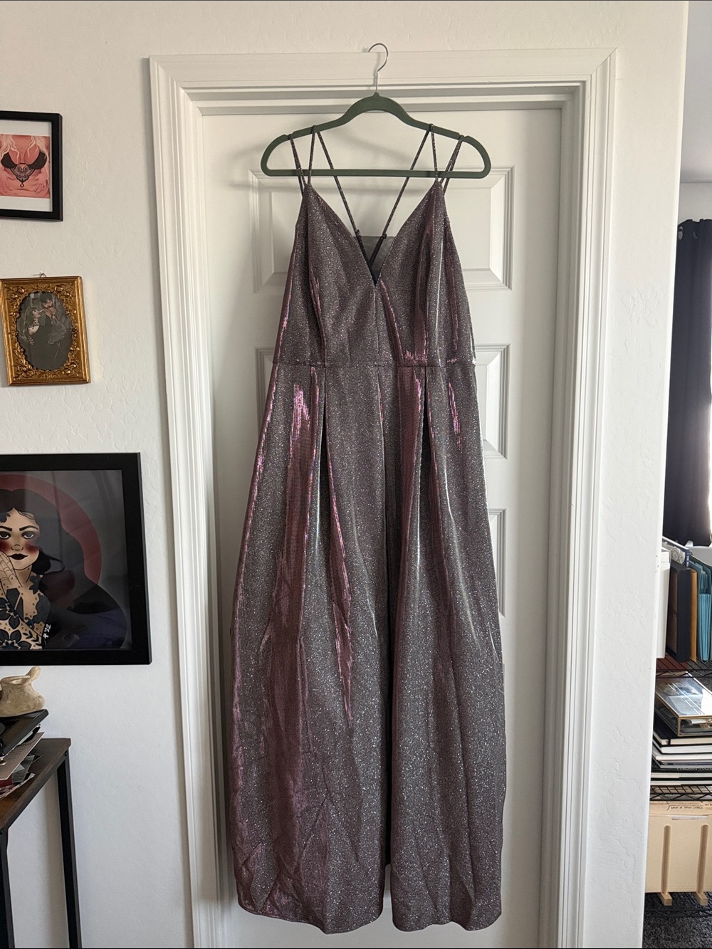Sparkling Dark Silver Metallic Maxi Dress with Strappy V-Neck